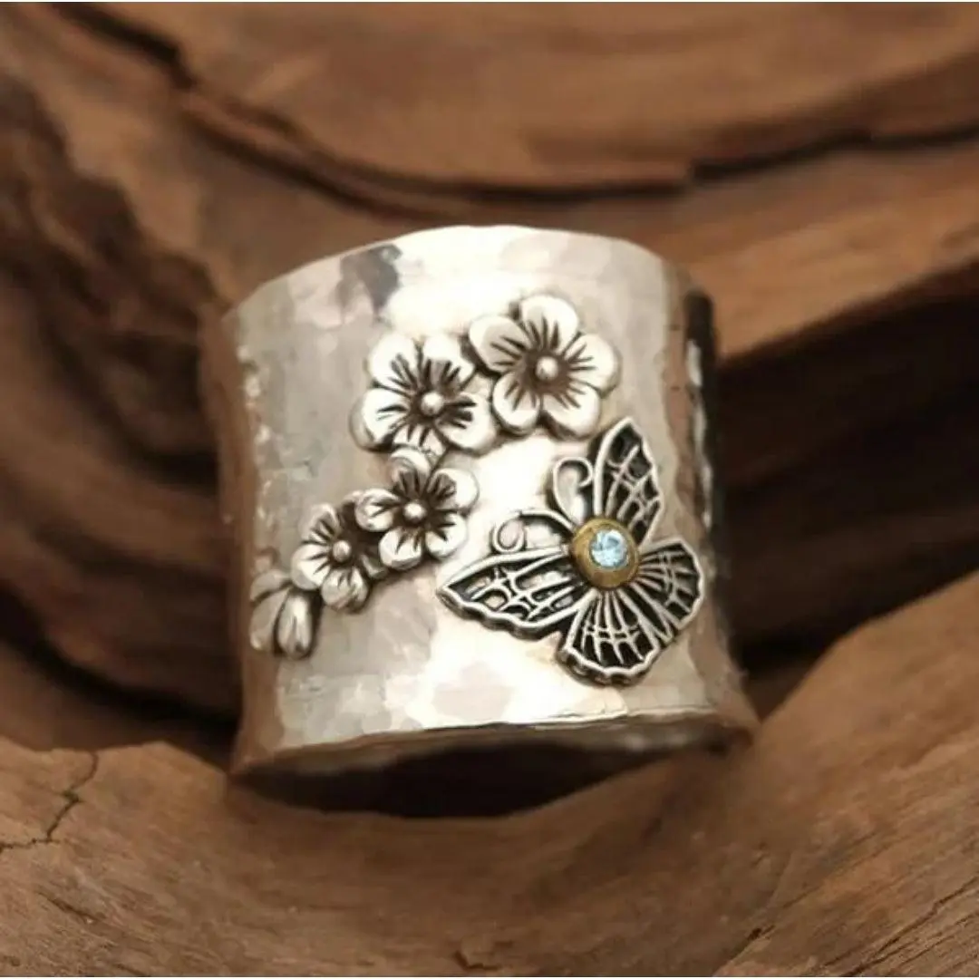 Lyndie | Floral and Butterfly Statement | Silver Ring