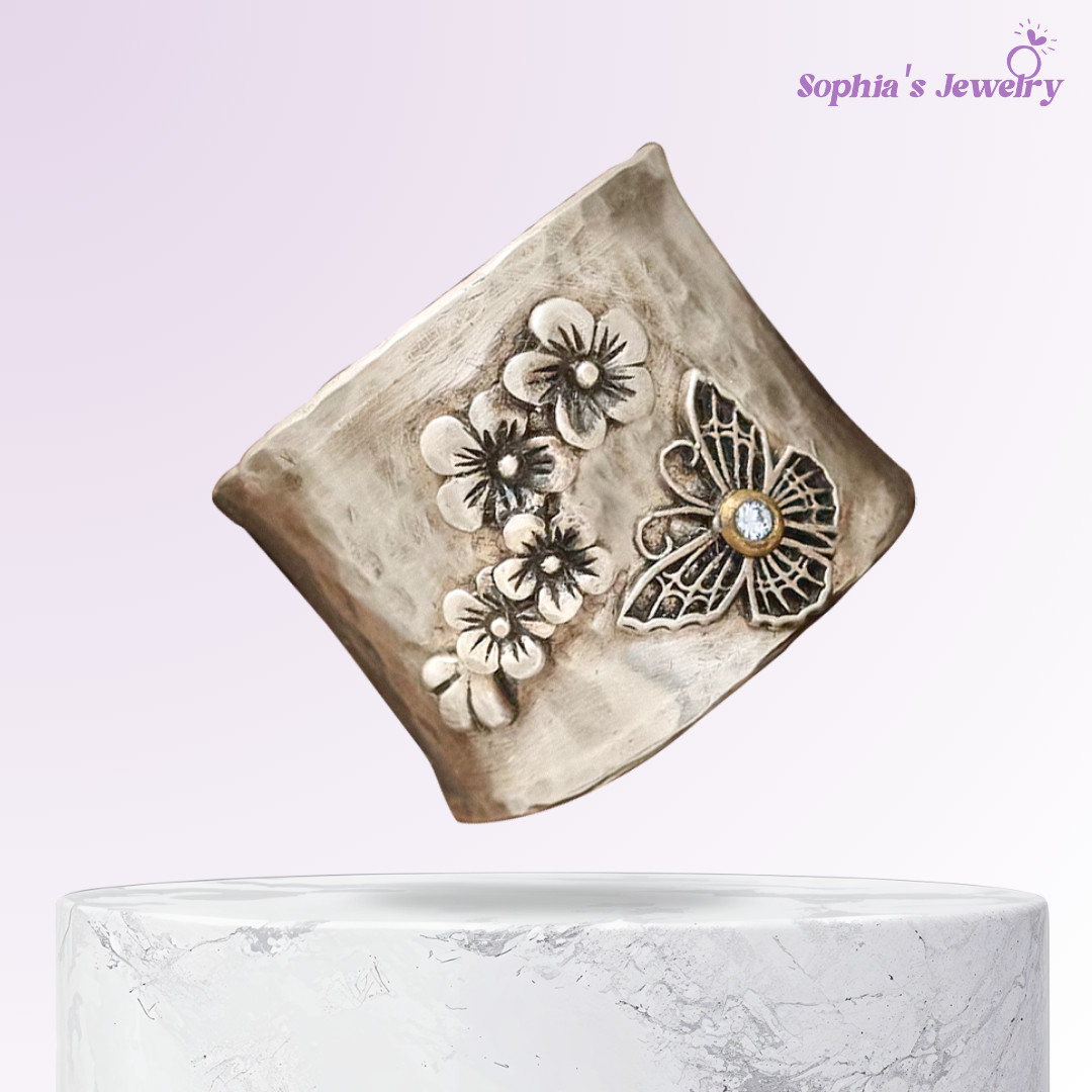 Lyndie | Floral and Butterfly Statement | Silver Ring